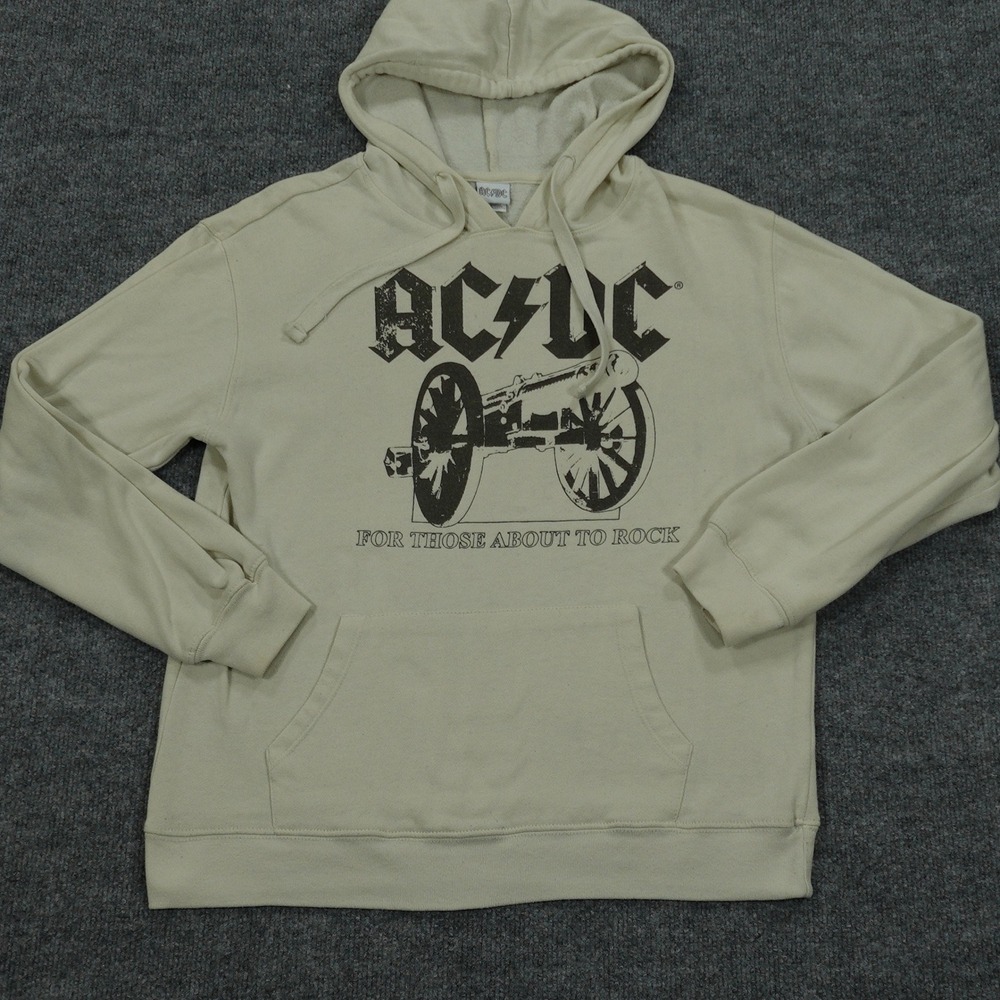 AC/DC Hoodie Mens Medium Cream For Those About To Rock Cannon Graphic Pullover‎